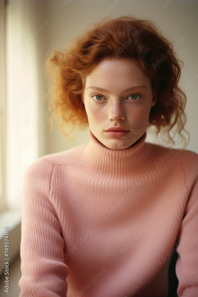Young woman with striking red curly hair and sea-green eyes, standing near a window. She's clad in a soft pink turtleneck, her freckles enhancing her natural beauty. Young woman with striking red curly hair and sea-green eyes, standing near a window. She's clad in a soft pink turtleneck, her freckles enhancing her natural beauty.