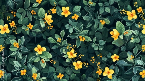 Seamless pattern of small branches with yellow flowers