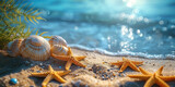 Shimmering sunlight dances over seashells and starfish on a sandy beach, evoking the serene essence of the seaside.