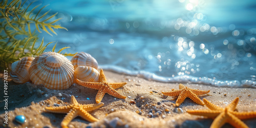 Shimmering sunlight dances over seashells and starfish on a sandy beach, evoking the serene essence of the seaside. photo
