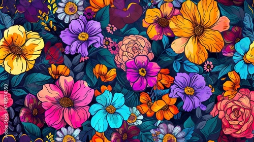 Seamless pattern with bright flowers drawn by paint