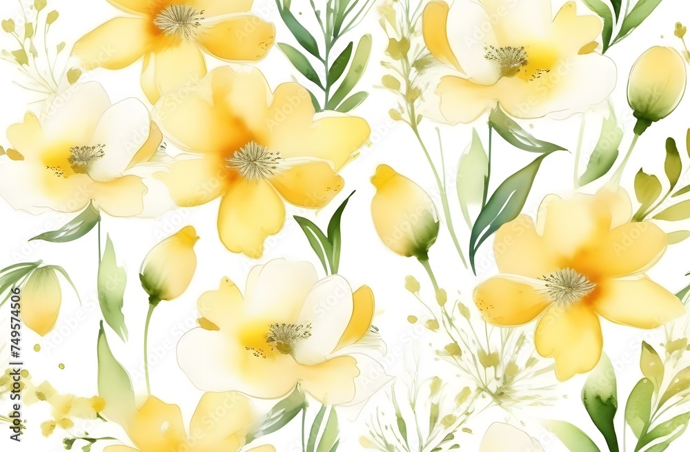 Fototapeta premium This illustration displays a vibrant floral background with yellow and white flowers accompanied by soft green leaves, creating an inviting and fresh atmosphere.