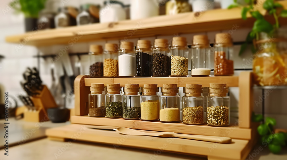 Countertop Spice Rack KItchen Indoor Interior. Kitchenware Utensils on Wooden Strip Indoors. Cooking Stove Surface New Home Design Contemporary Apartment. 
