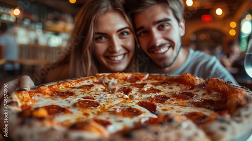 Man and Woman Holding a Large Pizza