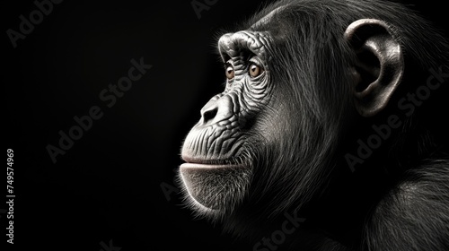 Chimpanzee. Close-up portrait of a wild ape in monochrome style. Illustration for cover, postcard, interior design, banner, brochure, etc.
