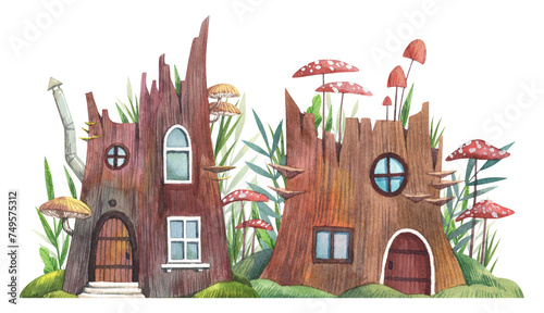Fairy tale tree houses village illustration. Cute gnome fairy houses in a tree stump. Hand drawn watercolor fantasy forest cottage composition. Cartoon clip art for kids postcards, nursery design