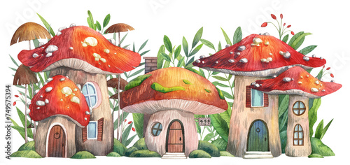 Fairy tale mushroom houses village illustration. Cute amanita gnome fairy houses. Hand drawn watercolor fantasy forest cottage composition. Cartoon clip art for kids postcards, nursery design