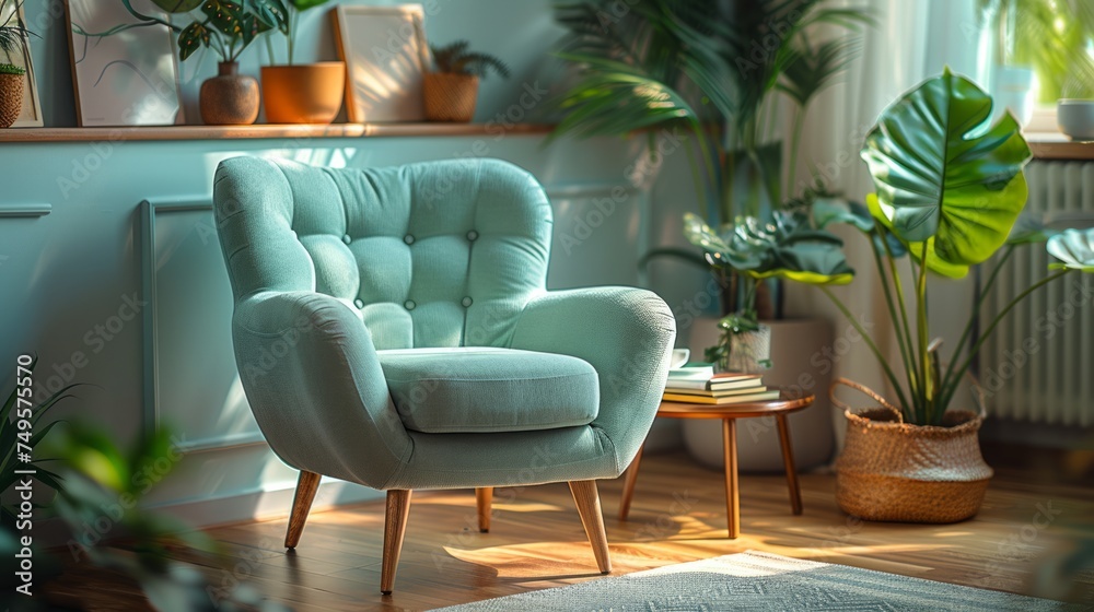 Fototapeta premium Blue Chair in Living Room Next to Window