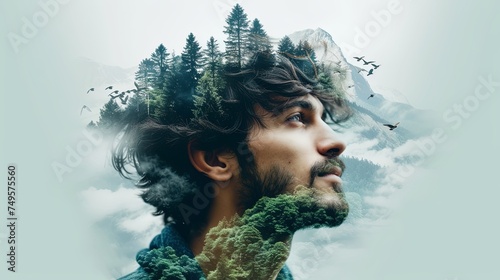 The double exposure combines a face, a forest, and flying birds. The concept of the unity of nature and man. The vitality of the human soul in nature illustration. Design for cover or interior design. photo