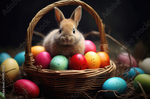 A curious rabbit sits amid a basket of speckled Easter eggs, surrounded by dark straw and a soft glow. © Sascha