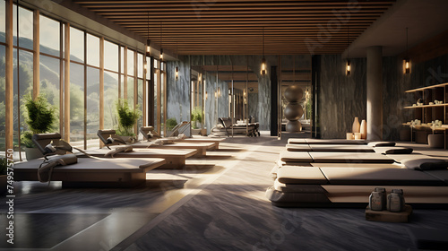A gym for a health and wellness resort  with spa services  hot springs  and relaxation areas.