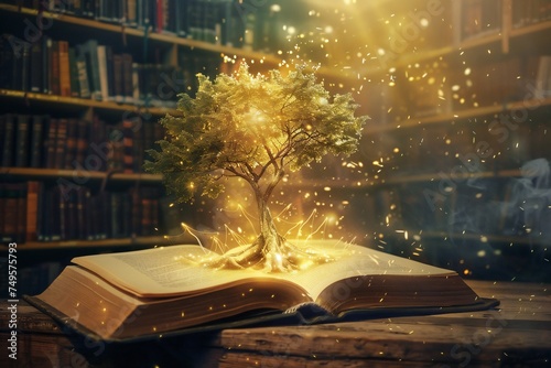 The concept of education by planting a tree of knowledge in the opening of an old book in the library and the magical magic of light that flies to the destination of success. Beautiful background