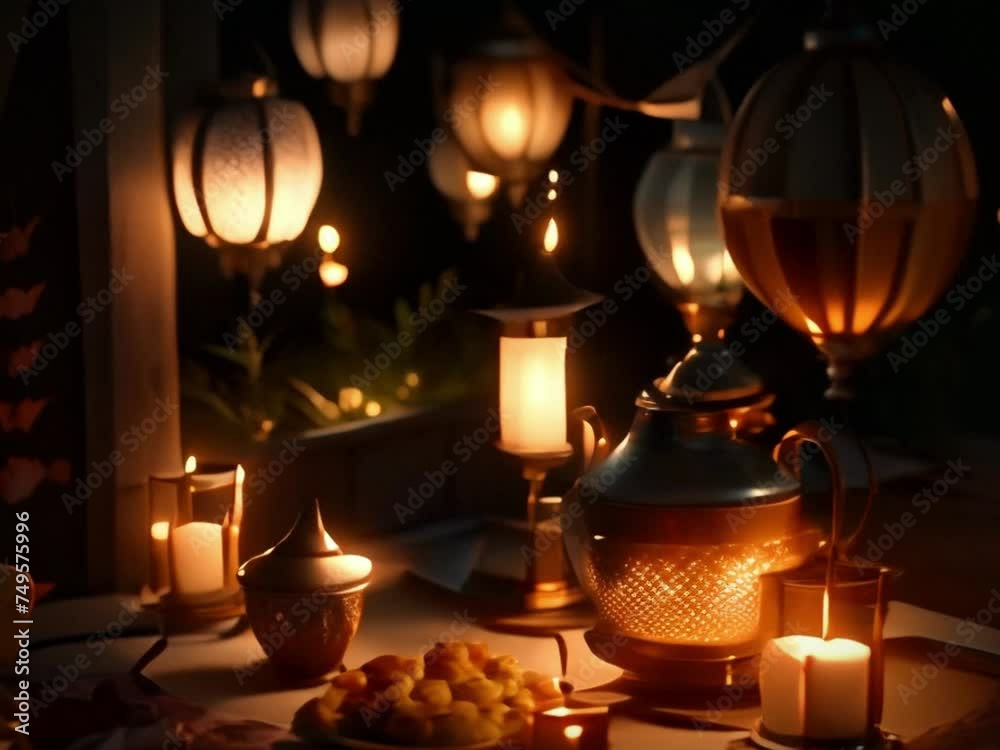 the night month of Ramadan where food is available when breaking the fast or at dawn decorated with lanterns, the atmosphere feels warm and pleasant the night month of Ramadan where food is available when breaking the fast or at dawn decorated with lanterns, the atmosphere feels warm and pleasant