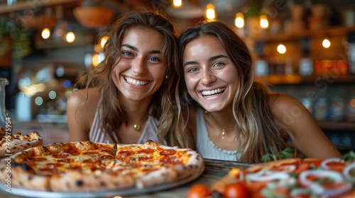 Two Young Women Posing in Front of Pizza