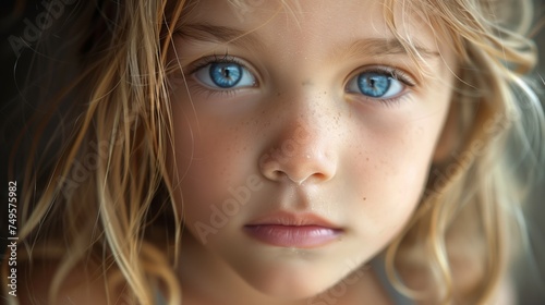 Closeup of a blond toddler with blue eyes and a sweet smile