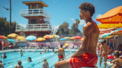 Group of People in a Swimming Pool With Umbrellas