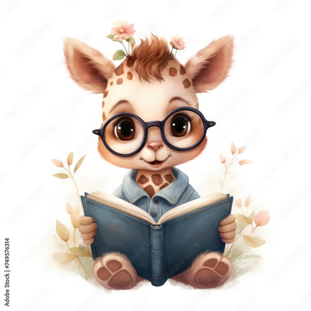Cute animal giraffe in glasses sitting, holding and reading book. Cute animal giraffe in glasses sitting, holding and reading book.