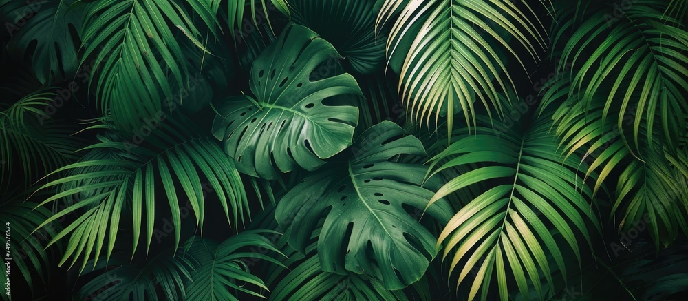 This vibrant image showcases a cluster of green palm leaves up close, displaying their fresh and vibrant beauty in intricate detail. The leaves are rich in color and emanate a sense of lushness and This vibrant image showcases a cluster of green palm leaves up close, displaying their fresh and vibrant beauty in intricate detail. The leaves are rich in color and emanate a sense of lushness and