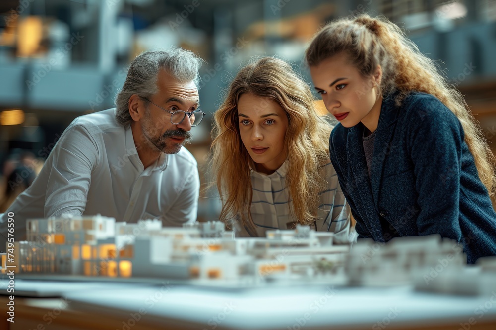 Fototapeta premium Diverse business people looking at architectural model and discussing work at office