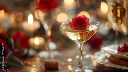 Elegant Wine Glass With Rose Close Up