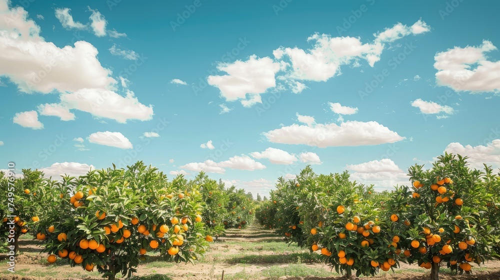 an orange plantation brimming with ripe oranges against the backdrop of a clear blue sky and distant white clouds.