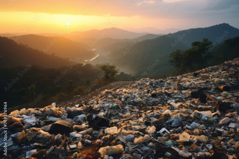 plastic garbage waste dump in mountains at sunset, Problems of ecology and air pollution