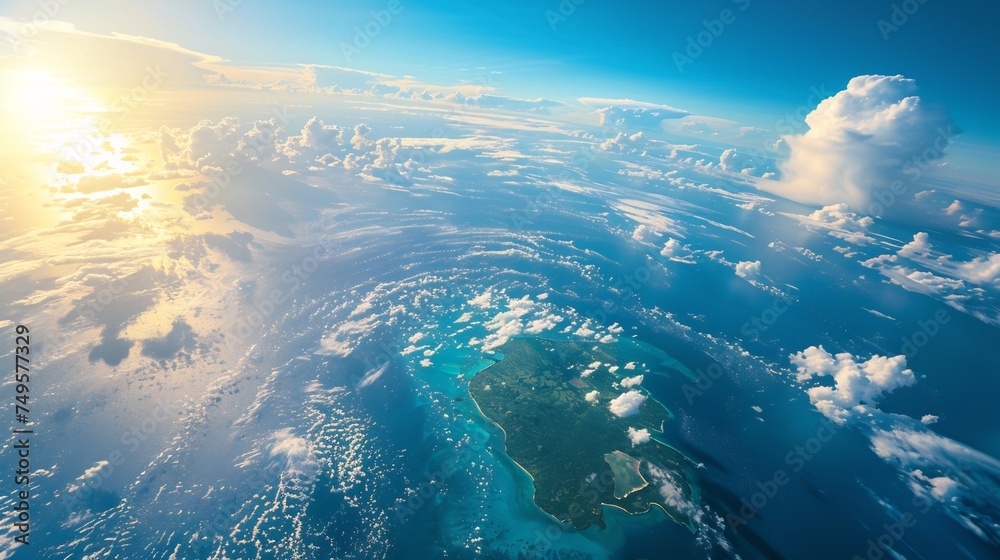 An evocative Earth Day background featuring a stunning aerial view of planet Earth, with vibrant blue oceans and lush green continents