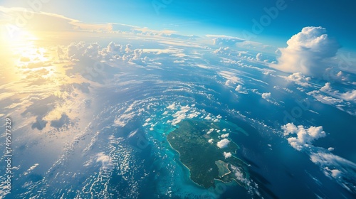 An evocative Earth Day background featuring a stunning aerial view of planet Earth, with vibrant blue oceans and lush green continents