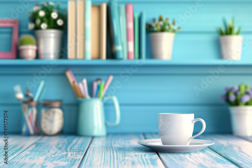 Vibrant home office shelf with coffee mug and stationery