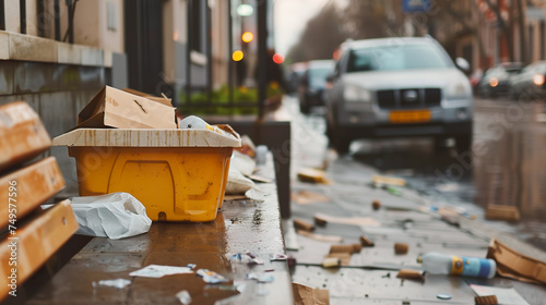 Overflowing yellow bin and litter on wet city street