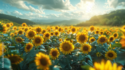 A field of sunflowers and blue sky. Flowers background. 