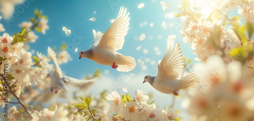 pigeons flying among the flowers blooming in sunny sky in spring 