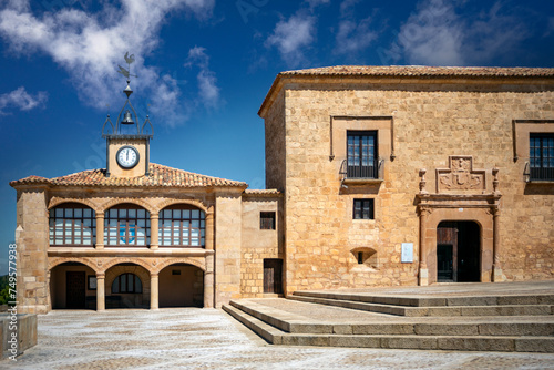 View of the Plaza Mayor of Morón de Almazán, in Soria, Spain, with the town hall building and a Renaissance-style palace