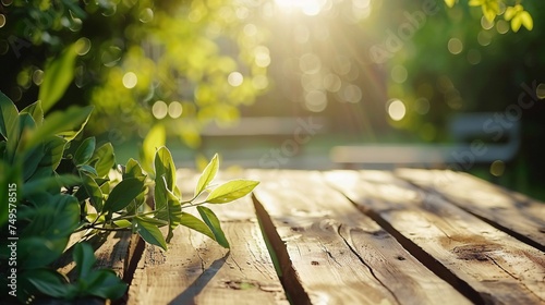 Wooden table in the garden with natural bokeh background.AI.