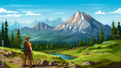 A man with a backpack stands against the backdrop of a mountain landscape. Concept of a greeting card for Geologist's Day.