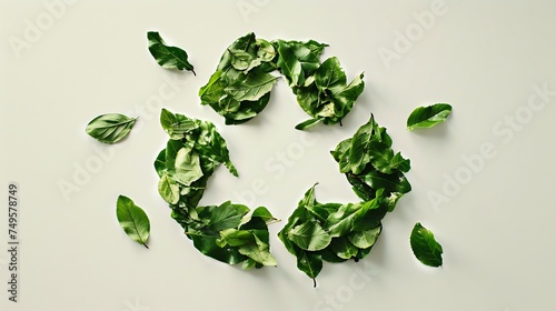 A thought-provoking photograph featuring a recycling icon creatively fashioned from fresh green leaves, set against a light background to enhance its organic appearance