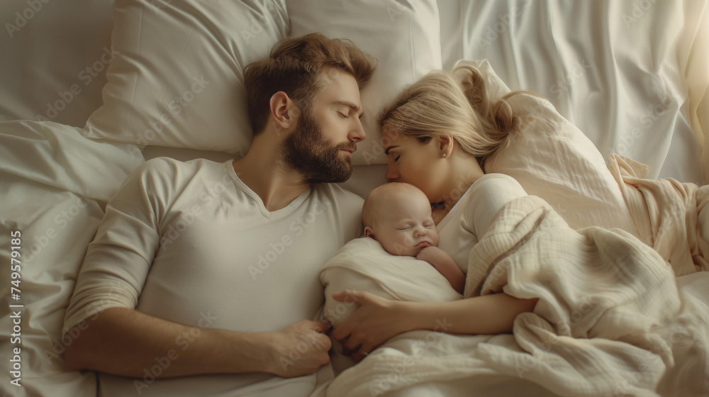 Parents asleep with newborn between them in bed.