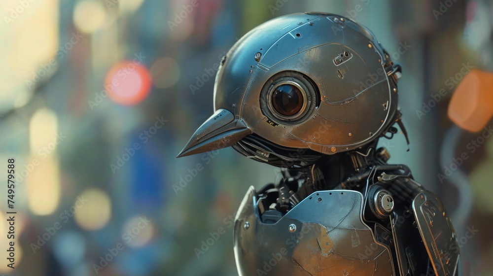 Close up of a robot in a city street. Concept of future technology Close up of a robot in a city street. Concept of future technology