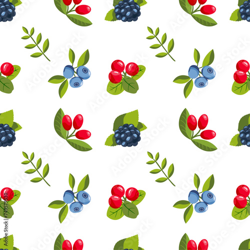 Fototapeta Naklejka Na Ścianę i Meble -  Summer forest berries. Blueberries, blackberries and cowberries. Pattern. Flat vector modern design on a whit background.