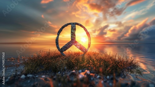 Peace sign on the beach at sunset #749579561