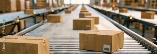 Cardboard boxes on a conveyor belt parcel delivery warehouse sorting. Close up  © Stefan95
