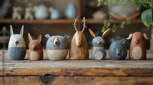 Handcrafted wooden animal figurines lined up on a rustic table. photo