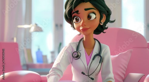 Personnage cartoon d'une femme médecin bienveillante dans son cabinet médical. photo