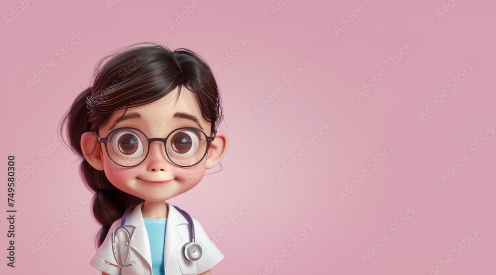 Personnage cartoon d'une femme médecin souriante sur fond rose, image avec espace pour texte.