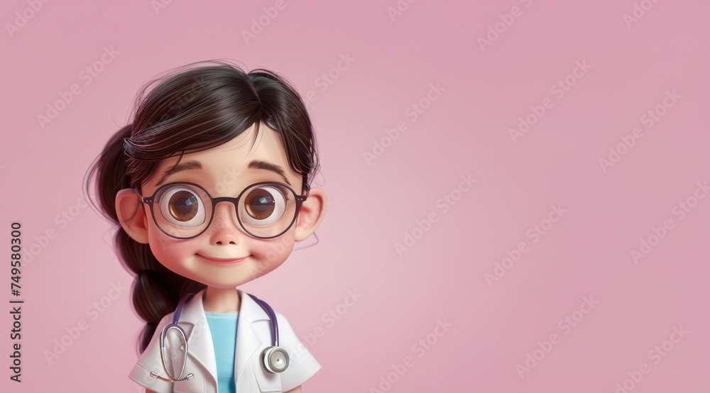 Personnage cartoon d'une femme médecin souriante sur fond rose, image avec espace pour texte. Personnage cartoon d'une femme médecin souriante sur fond rose, image avec espace pour texte.