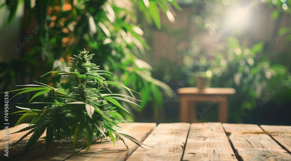 Des plants de cannabis sur une table en bois, image avec espace pour texte. - obrazy, fototapety, plakaty 