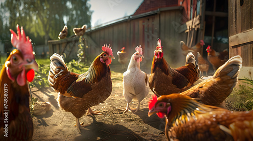 a group of chickens outside a farm in the sun