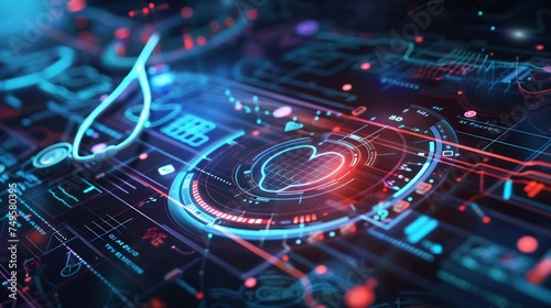 Dive into the future of medical research and cardiology healthcare, where an innovative diagnosis vitals infographic and biometric data visualization illuminate the scene