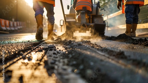 A dynamic scene at a road construction site, with a team of workers collaborating to lay hot asphalt gravel onto the road surface