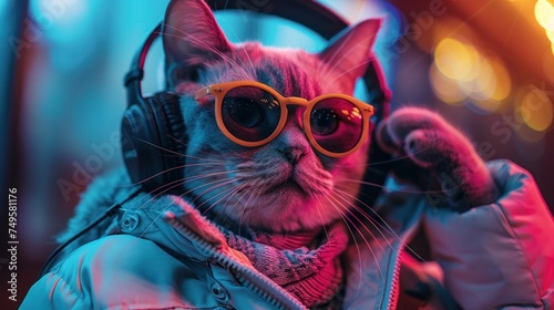 illustration of fantasy character with cat head wearing sunglasses and headphones in white jacket listening to music
